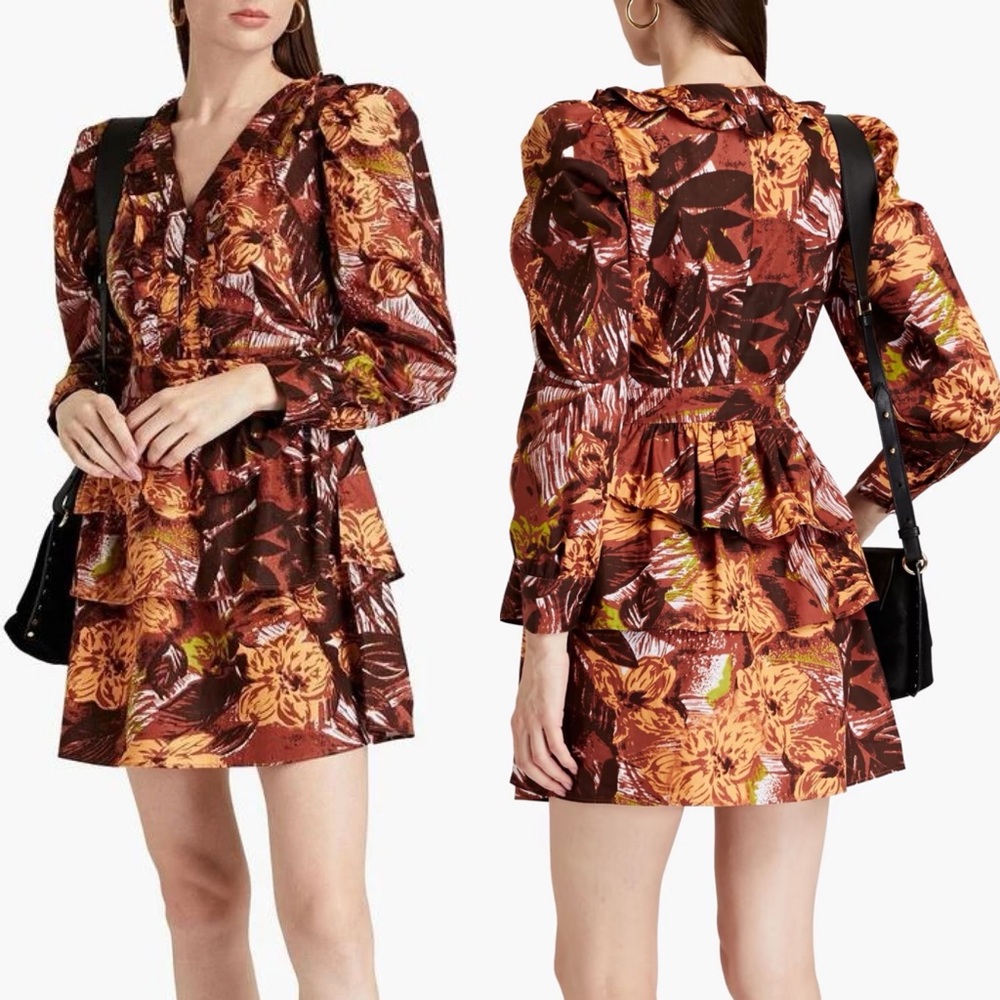nwt Walter Baker Floral Josephine Ruffle Dress in Brown and Yellow Sz 6